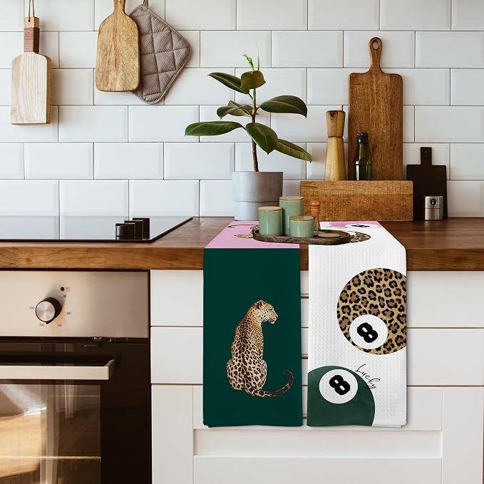Trendy Leopard Cheetah Print Poker Lucky 8 Ball Decor Kitchen Towels and Dishcloths, Funky Dark Emerald Forest Green Leopard Decor Dish Hand Towels for Bathroom Kitchen Sets of 2, 16x24inch
