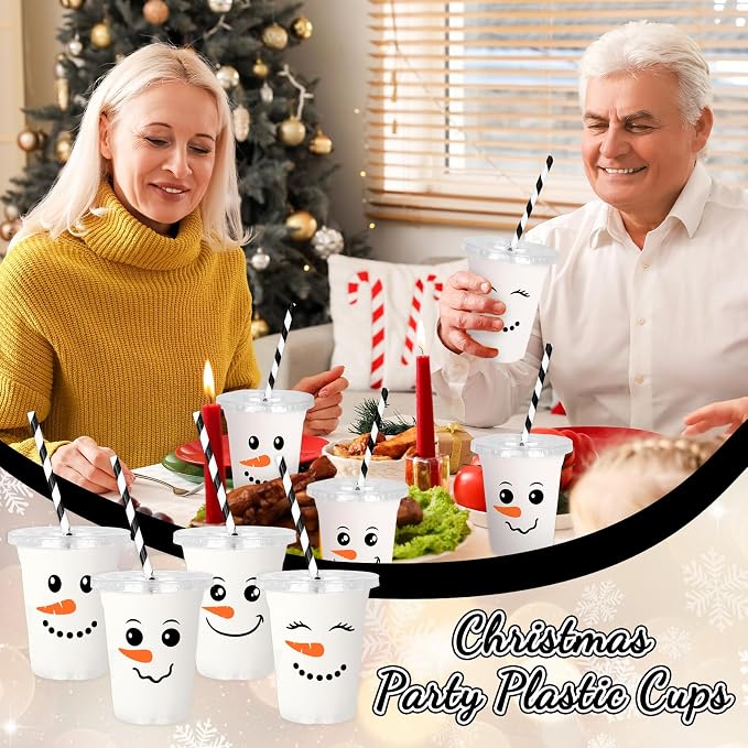 FYSUIMU 100Pcs 12Oz Snowman Plastic Cups with Lids and Straws Christmas Winter Disposable Cup Cute Snowman Face Cold Beverage Drinking Cups for Winter Xmas Party Supplies