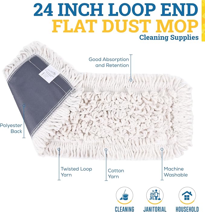 Kleen Handler 24" Commercial Dust Mop Replacement Heads, 12 Pack Industrial Loop End Flat Dust Mop Pads, Washable Cotton Mop Refill for Floor Cleaning, Natural