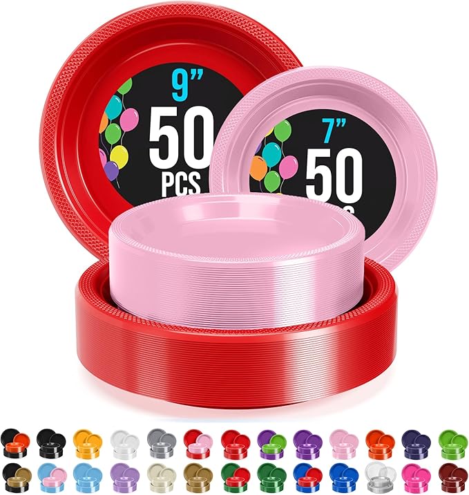 Exquisite Party Solids Red & Pink Plates Disposable Red & Pink Plastic Plates 100 Pieces - 50-7" & 50-9" Heavy Duty 350 GSM Disposable Dinnerware Sets, Plastic Dinnerware Sets