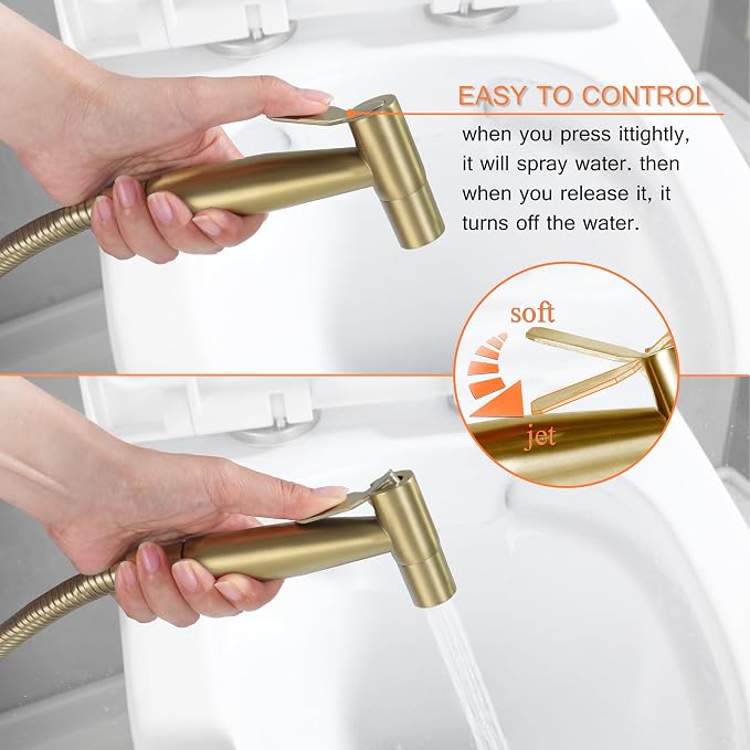 Brushed Gold Bidet Sprayer Head Only, Stainless Steel Handheld Toilet Sprayer Replacement with G1/2 Connector, Adjustable Pressure for Cloth Diaper, Pet Shower, Bathroom Cleaning