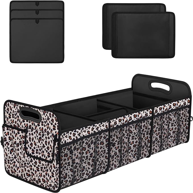 Femuar Collapsible Trunk Organizer - 90L Large Capacity with 15 Pockets, Waterproof for SUV/Car/Jeep/Sedan, Extra Large Leopard Print