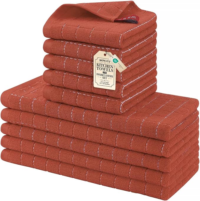 Homaxy Kitchen Towels and Dishcloths Set, 12 x 12 and 13 x 28 Inches, Set of 10 Bulk Cotton Terry Kitchen Towels Set, Checkered Designed, Soft and Super Absorbent Dish Towels, Rust