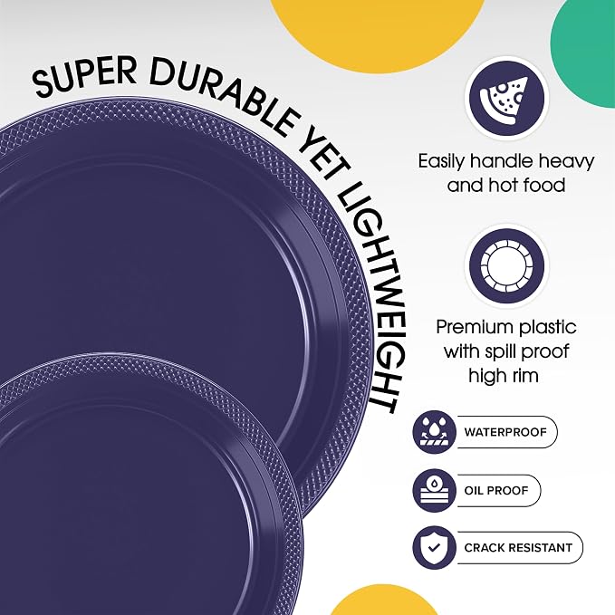Exquisite Party Solids Navy Plates Disposable Navy Plastic Plates 100 Pieces - 50-7" & 50-9" Heavy Duty 350 GSM Disposable Dinnerware Sets, Plastic Dinnerware Sets