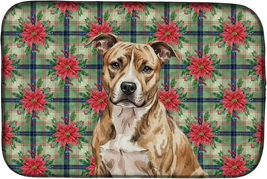 Caroline's Treasures Brindle American Staffordshire Terrier Christmas PoinsettIas Dish Drying Mat Absorbent Dish Drying Mat Pad for Kitchen Counter Dish Drainer Mat for Countertop, 14 x 21"