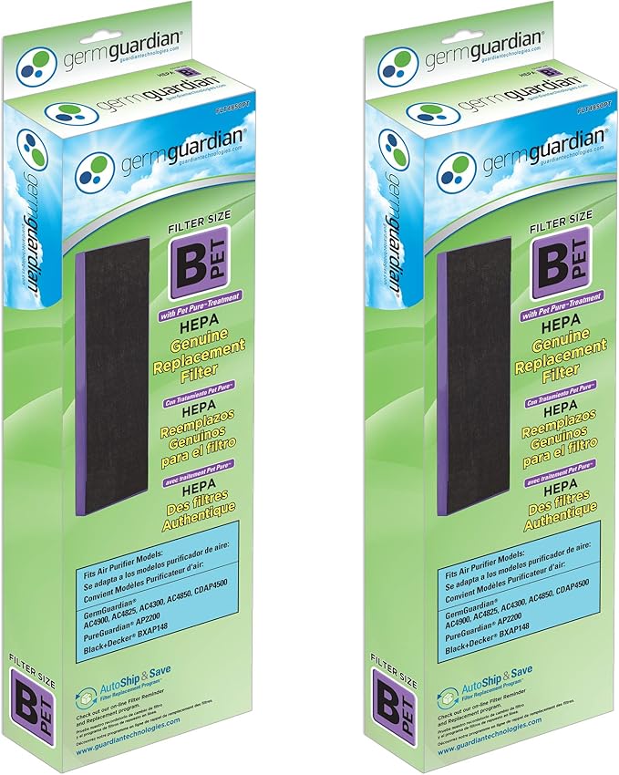 GermGuardian Pet Pure HEPA Genuine Air Purifier Filter B, Removes 99.97% of Pollutants for AC4825, AC4820, AC4850, AC4870, CDAP4500, AC4900, AC4300, AP2200, 2- Pack, Black/Purple, FLT4850PT2PK