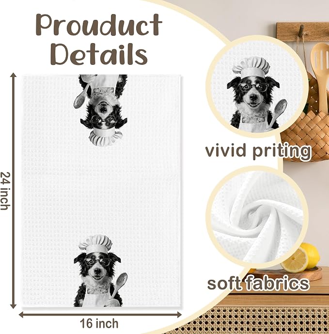 Funny Border Collie Kitchen Towels Set of 2, Dog Kitchen Bar Accessories, Dog Chef Gifts for Women Decorative Hand Towels for Kitchen Decor, Border Collie Lovers Dish Tea Towel, 16x24 Inch