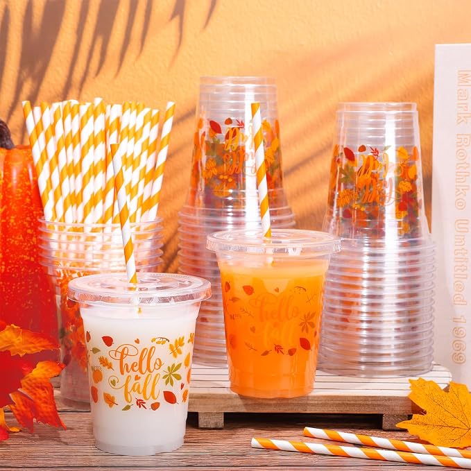 Whaline 50 Pcs 12 Oz Hello Fall Plastic Cups with Lids and Straws Autumn Maple Leaves Cold Beverage Drinking Cup for Harvest Thanksgiving Party Supplies