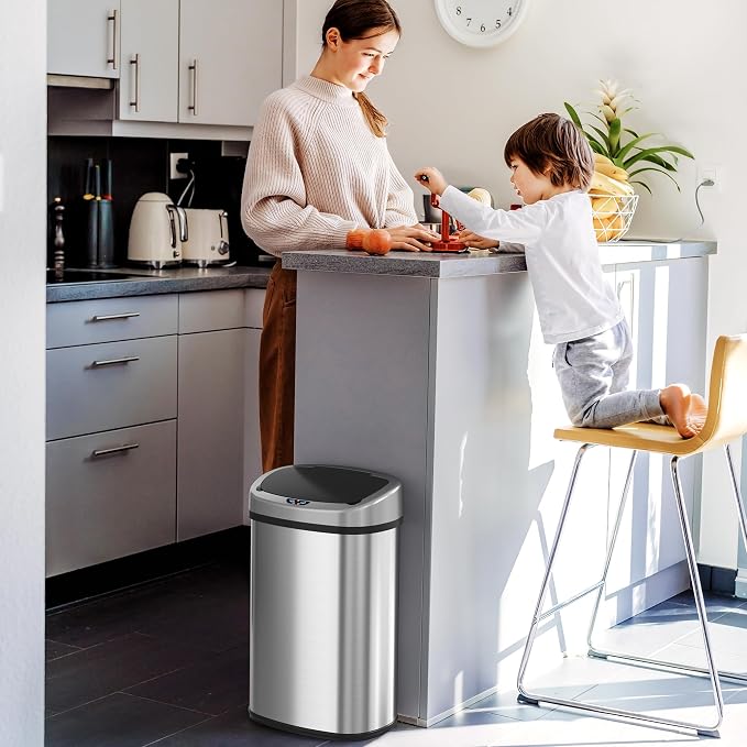 SensorCan 13 Gallon Automatic Touchless Sensor Kitchen Trash Can with Odor Filter and AC Adapter, Stainless Steel Garbage Recycle Bin, Oval Shape, Slim and Space Saving for Home, Office, Business