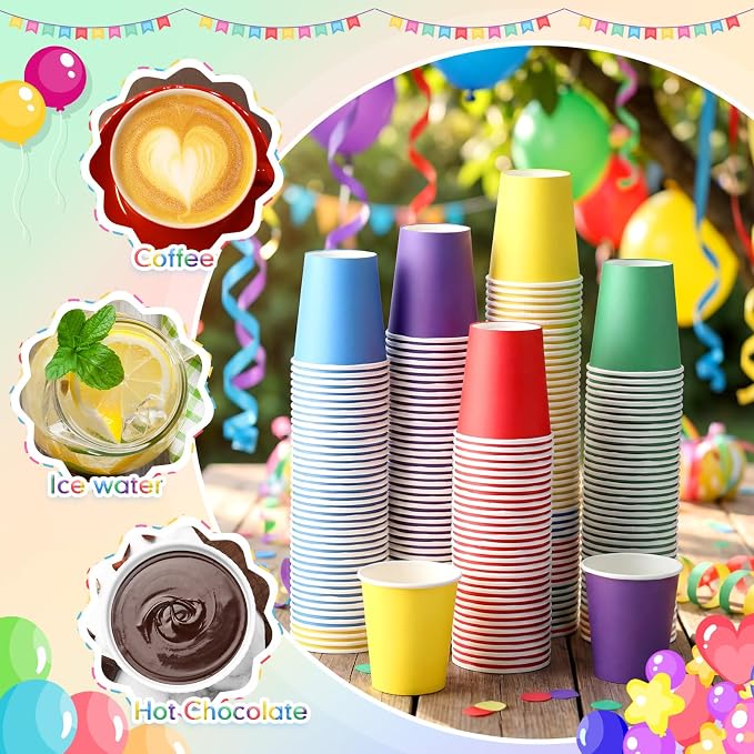 200 Pcs Rainbow Paper Cups 7 oz Disposable Party Cups Bulk for Birthday Rainbow Party Supplies DIY and Holiday Hot Cold Beverage