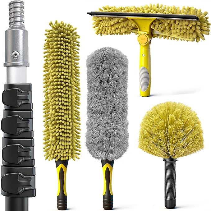 ARTIPOLY 20Ft Telescoping Extension Pole Kit, 5-in-1 High Reach Duster with Chenille Window Squeegee Microfiber Feather & Cobweb Duster for Ceiling Wall Hard-to-Reach Indoor & Outdoor Cleaning Yellow