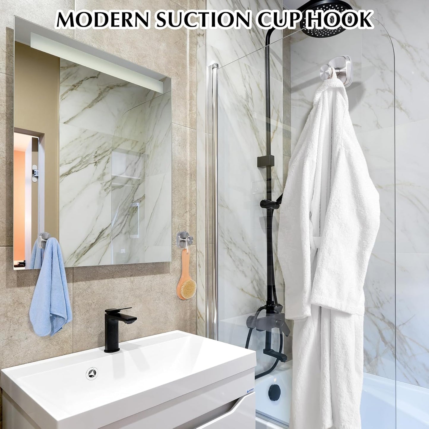 Suction Cup Hooks for Shower - Reusable No-Drill Mounting - Hooks for Towels, Robes & Loofah on Metal, Glass, Mirrors, Tile & Smooth Non-Porous Surfaces (4, Brushed Nickel)