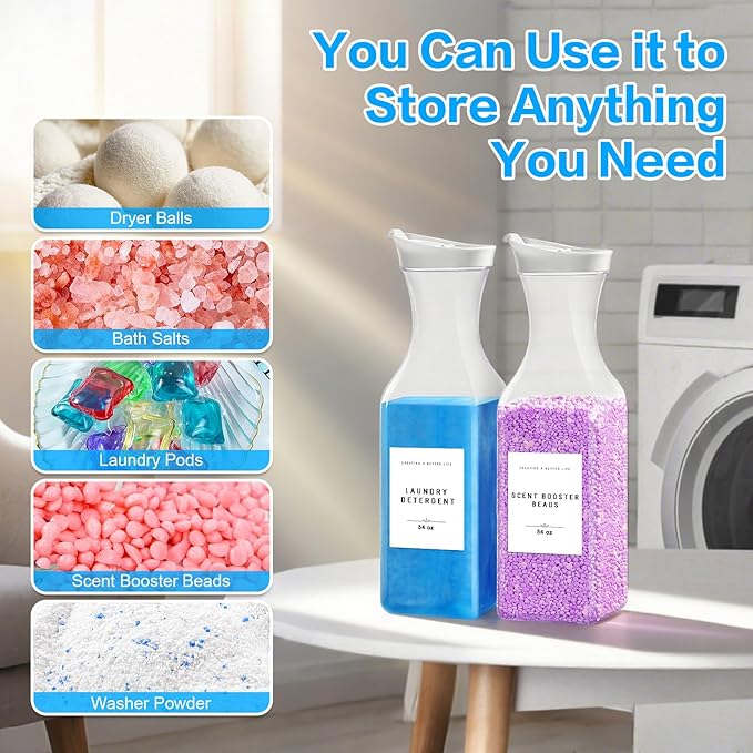 Laundry Detergent Dispenser Bottle 54oz with Waterproof Label for Laundry Detergent Soap Fabric Softener Scent Booster Beads, Sturdy PET Plastic Bottle, 2 Pack White