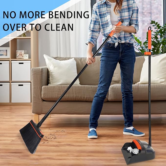 Broom and Dustpan Set, JEHONN Long Handle Lightweight Broom Set Upright Standing Dustpan Stand Up Sweep Set for Home Room Kitchen Office Lobby