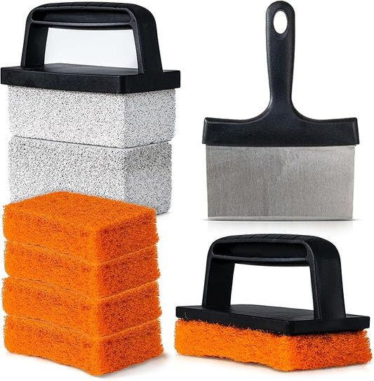 Griddle Buddy 10-Piece Griddle Cleaning Kit for Blackstone, Flat Top Grill | Stainless Steel Scraper, 2 Cleaning Bricks, 5 Scouring Pads & 2 Ergonomic Handles | Grill Cleaning kit for Easy Restoration