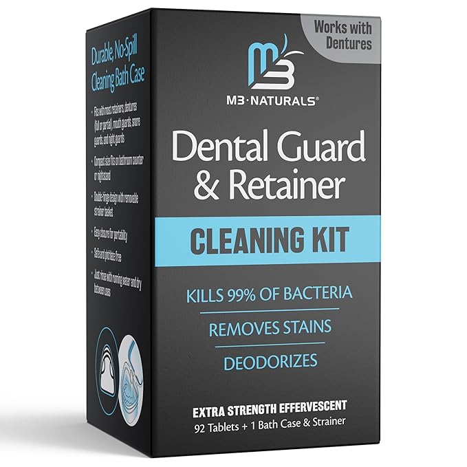 Retainer Cleaner and Soak Container, No-Mess Cleaning Tablets with Universal Denture Bath Case and Strainer, Multipurpose, for Mouth Guard Stains, Odor, and Plaque (92 Tablets + 1 Bath) by M3