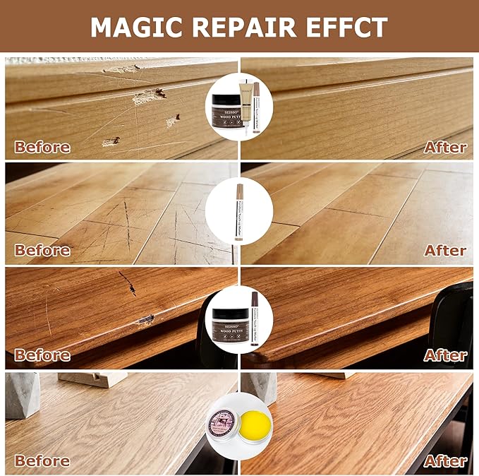 SEISSO Wood Furniture Repair Kit, 12 Colors Wood Fillers&Touch Up Markers, Wood Putty with Polish Wax, Wood Repairing Kit of Stains, Scratches, Holes, Cracks(40 PCs)