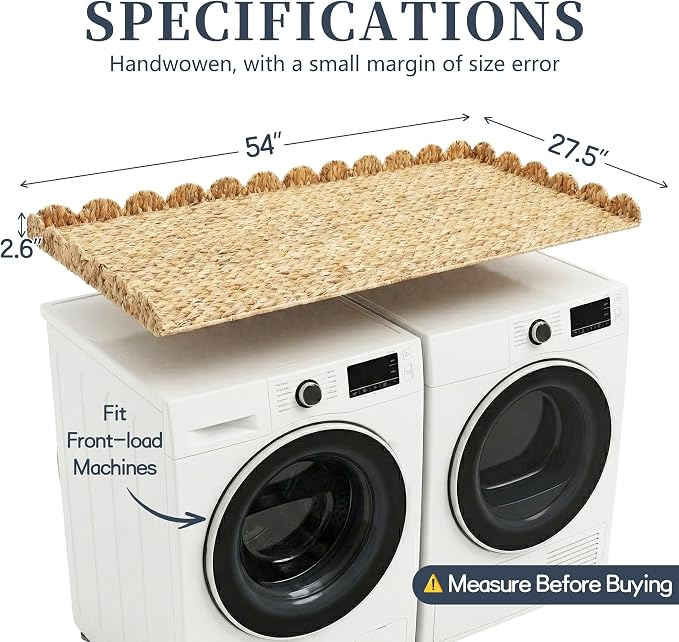 Coeusy Wicker Washer Dryer Countertop, 54" W x 27.5" D Water Hyacinth Woven Washer and Dryer Countertop, Boho Decorative Laundry Topper with Scalloped Edge for Laundry Room Organization (Natural)