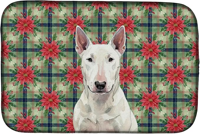 Caroline's Treasures White Bull Terrier Christmas PoinsettIas Dish Drying Mat Absorbent Dish Drying Mat Pad for Kitchen Counter Dish Drainer Mat for Countertop, 14 x 21", Multicolor