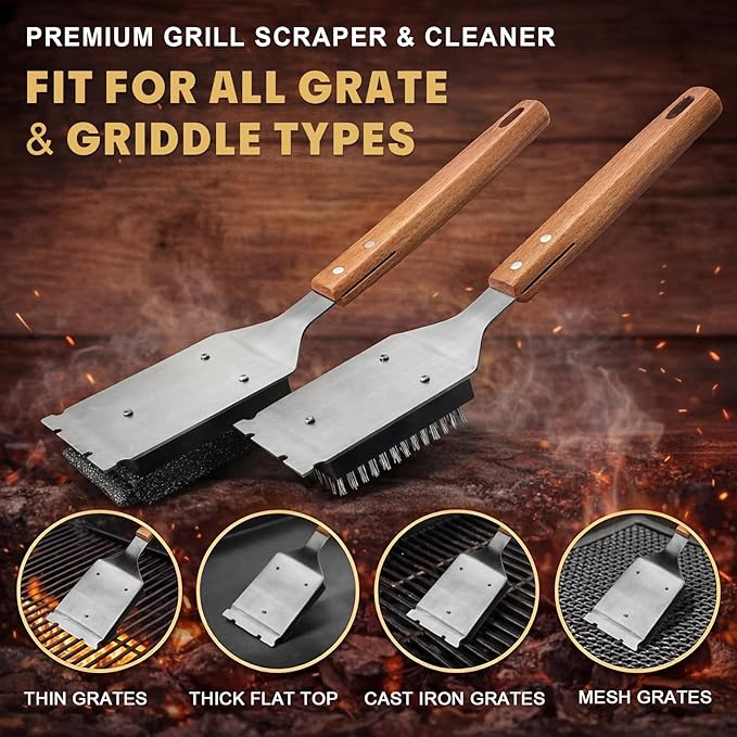 Sawysine 2 Pack Grill Brush and Scraper with 4 Replacement Heads, Wooden Handle Wire BBQ Grill Brush for Outdoor Grilling, 16.5" Bristle-Free BBQ Cleaning Brushes Barbecue Accessories