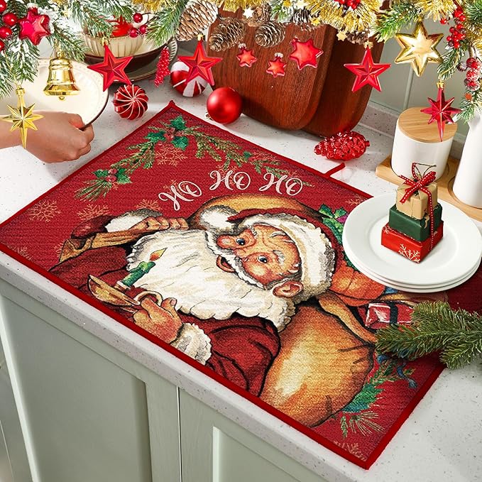 Meanplan Set of 6 Christmas Dish Drying Mats Absorbent Xmas Kitchen Accessories Santa Snowman Rectangle Table Mats Washable Drainer Draining Pad for Kitchen Countertop Tableware Decor 24"x 16"