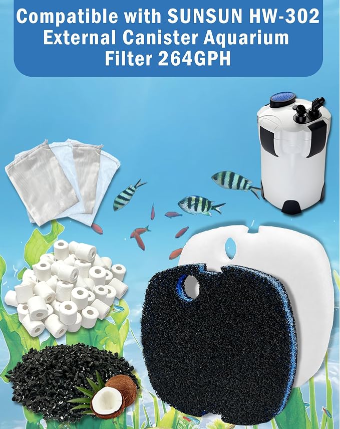 16-Piece Filter Media Replacement for SUNSUN HW-302 Canister Filter (264 GPH), Includes 6 Filter Pads, 2 Activated Carbons, 2 Ceramic Rings & 4 Mesh Bags, for Freshwater & Saltwater Aquariums