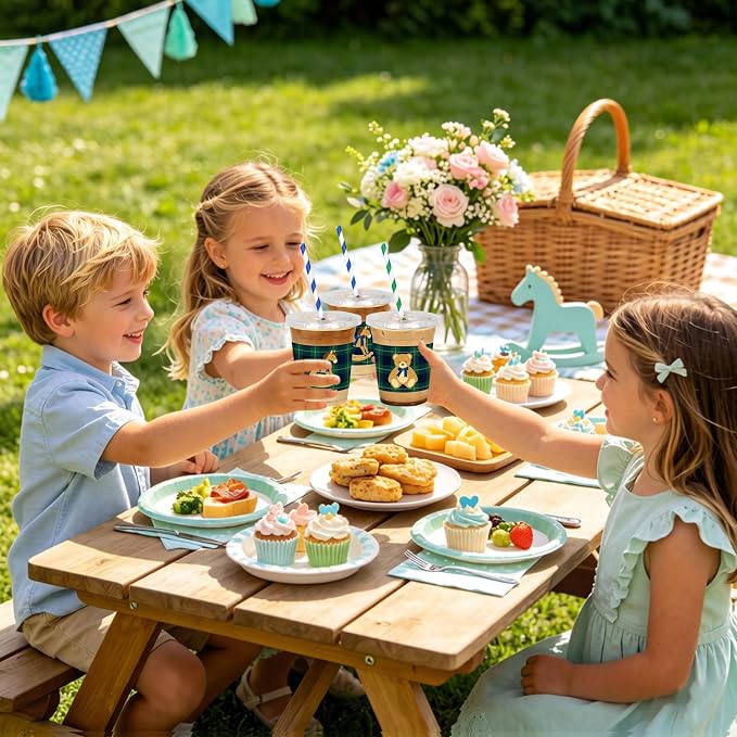 AnyDesign 50Pcs 12Oz Green Blue Tartan Plaid Plastic Cups with Lids and Straws Vintage Preppy Bear Rocking Horse Disposable Cold Drink Cup for We Can Bearly Wait Baby Shower Party Birthday Supplies