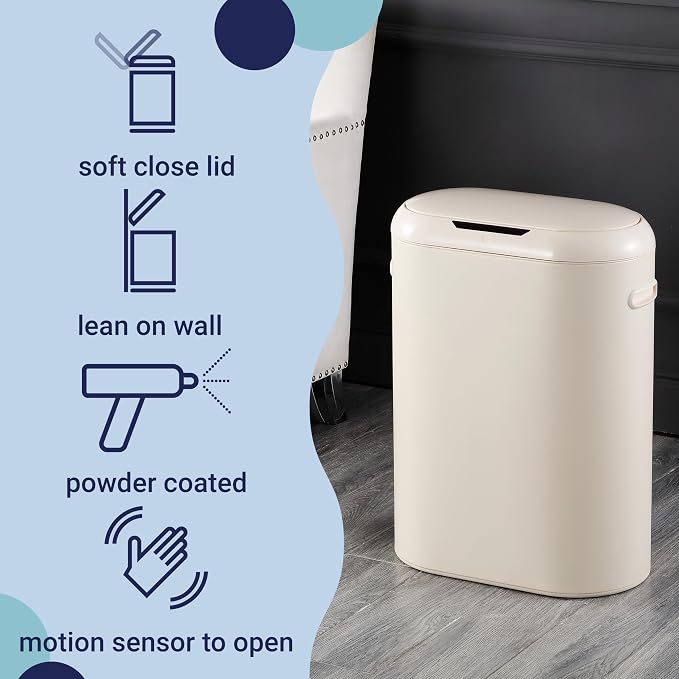 happimess HPM1016D Robo Kitchen 13.2-Gallon Slim Oval Motion Sensor Touchless Trash Can with Touch Mode, Fingerprint Resistant, Modern, Minimalistic for Kitchen, Office, Bathroom, Limestone Beige