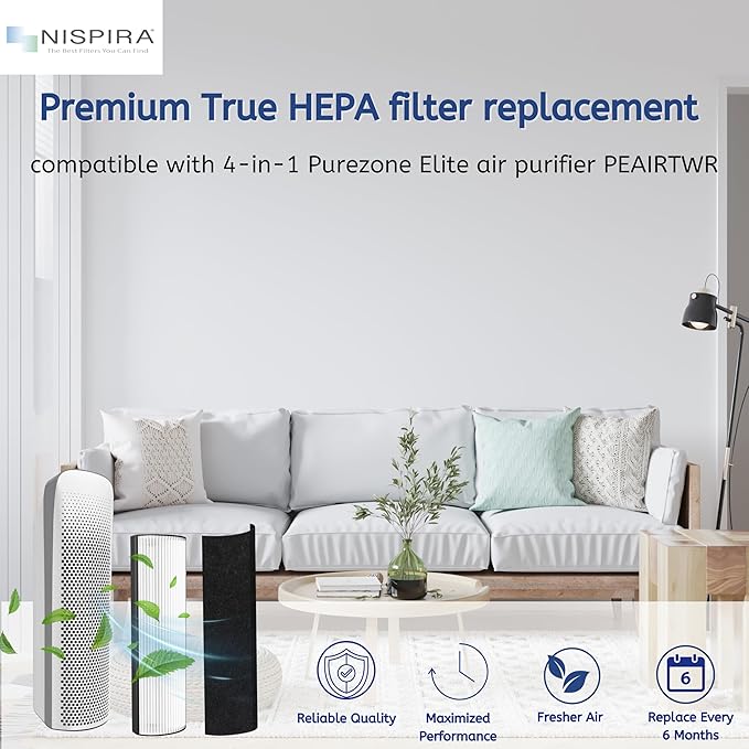 Nispira 2-in-1 True HEPA Replacement Filter PETWRFIL For Pure Enrichment PureZone Elite 4-IN-1 Tower Air Purifier PEAIRTWR (HEPA + 1-PreFilter, 4 PK)