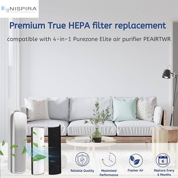 Nispira 2-in-1 True HEPA Replacement Filter PETWRFIL For Pure Enrichment PureZone Elite 4-IN-1 Tower Air Purifier PEAIRTWR (2-HEPA + 2-PreFilter)