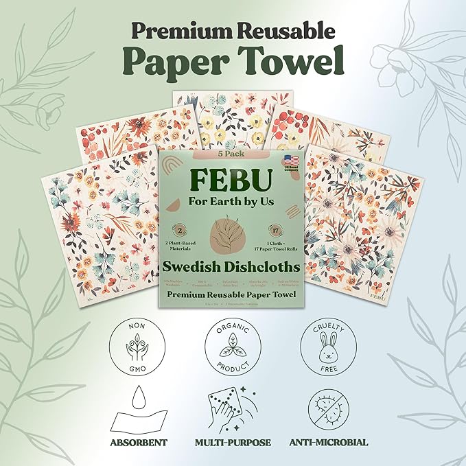 FEBU Swedish Dishcloth Bundle | Set of 3 Packs | Swedish Dishcloths for Kitchen | 5 Pack Reusable Paper Towels Washable