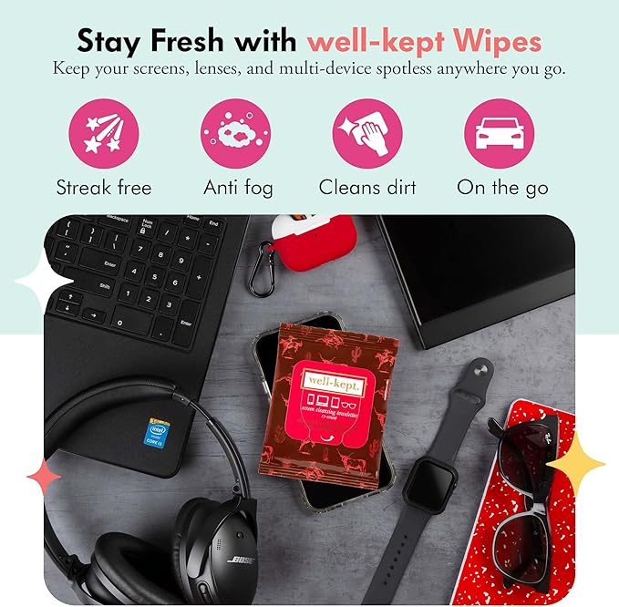 Well-Kept Tech & Lens Wipes - Eyeglass, Screen & Phone Cleaning, Multi-Surface, Lint-Free, Pre Moistened, Streak-Free & Non Scratching - Texas Hold Em, 6 Pack (90 Count)
