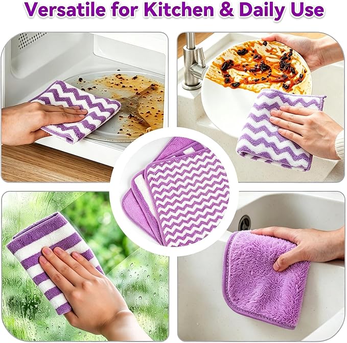Microfiber Cleaning Cloth 6 Pack, Ultra Soft Absorbent Lint Free Reusable Kitchen Towels with Hanging Loop, 12x12 Inch Purple Dish Towels for Kitchen, Car & Household