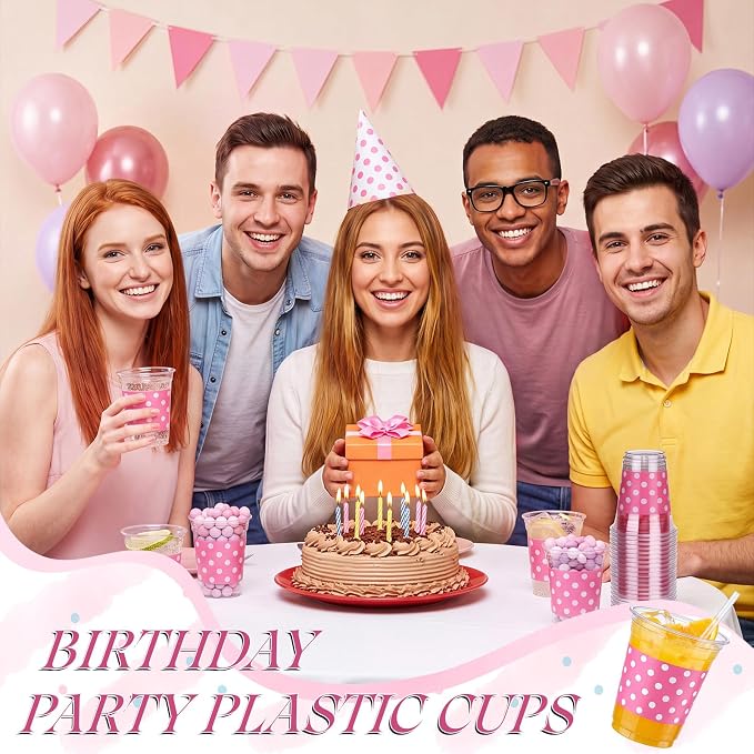 Qinyoung 50 Pcs Plastic Cups 12oz Disposable Cups Bulk Drinking Cup for Cold Drinks Baby Shower Wedding Birthday Valentine's Day Party Supplies (Pink Dot)