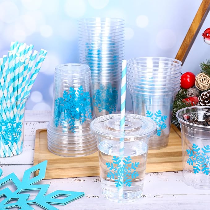Whaline 50 Pcs Christmas Disposable Plastic Cups with Lids and Straws 12 oz Party Cups Blue Snowflake Cold Beverage Drinking Cups for Winter Xmas Holiday Party Supplies