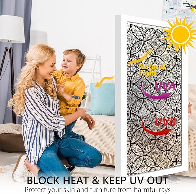 DKTIE Boho Stained Glass Look Window Privacy Film with Installation Tools, Decorative Frosted Glass Window Film Static Cling No Glue Removable, Pure Black, 35.4" x 118.1"