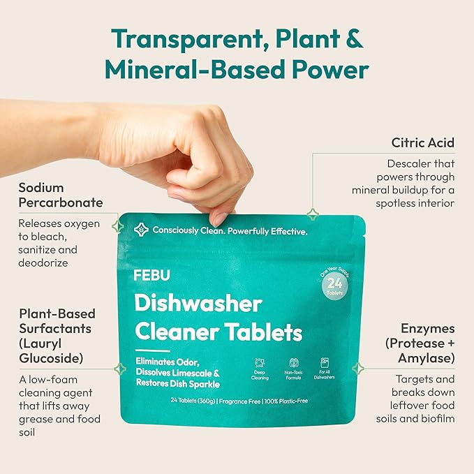 FEBU Save 15% on Swedish Dishcloth + Dishwasher Cleaner Tablets | 5 Pack Japanese Reusable Paper Towels + 24ct Dish Washer Cleaner Tablets