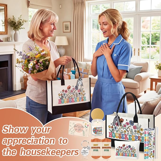 Patelai 7 Pcs Housekeeping Appreciation Gifts Thank You Housekeepers Birthday Gift Set with 20 oz Tumbler Canvas Tote Makeup for Mother's Day Housekeeper House Cleaner Employees Staff