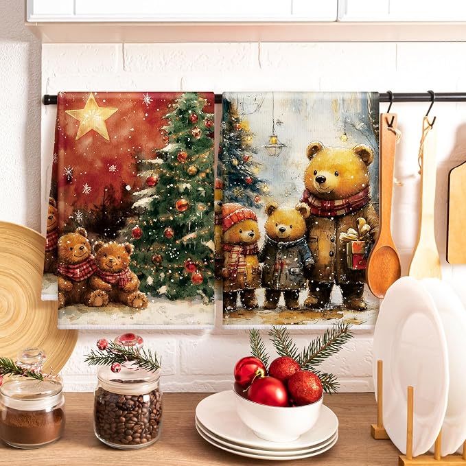 Bencailor 16 Pcs Christmas Kitchen Towels Xmas Holiday Hand Dish Towels Vintage Bear Tea Dishcloths for Christmas Holiday Kitchen Bathroom Home Decor Gifts, 16 x 24 Inch