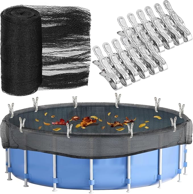 28 Feet Round Leaf Net Cover for Above Ground Pool, Winter Cover Mesh Cover with 20 Pcs Large Metal Clips，Pool Safety Net Fits 28FT Above Ground Pools, Keeps Leaves Out of Your Pool