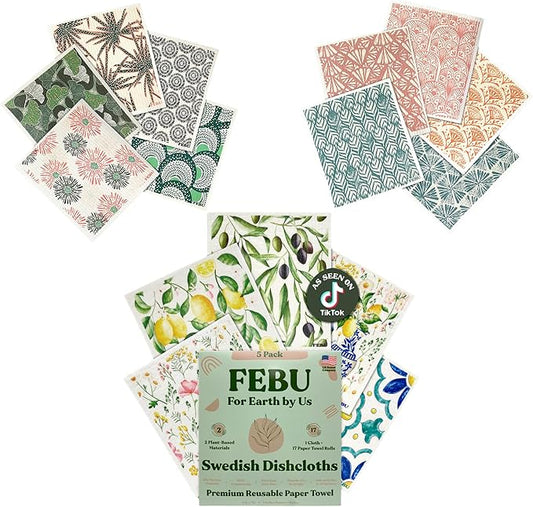 FEBU Swedish Dishcloth Bundle | Set of 3 Packs | Swedish Dishcloths for Kitchen | 5 Pack Reusable Paper Towels Washable
