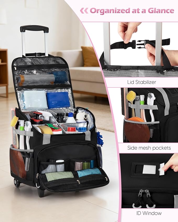 Marscamd Large Rolling Cleaning Caddy Bag with Detachable Trolley, Cleaning Supplies Organizer with Wheels for Housekeepers, Black