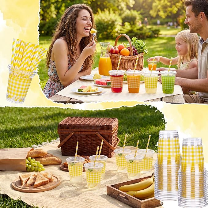 Domensi 25 Sets Yellow and White Gingham Plastic Cups with Lids and Paper Straws 12oz Checkered Party Disposable Cup Bulk Drinking Cup for Cold Drink Baby Shower Wedding Birthday Summer Party Supplies