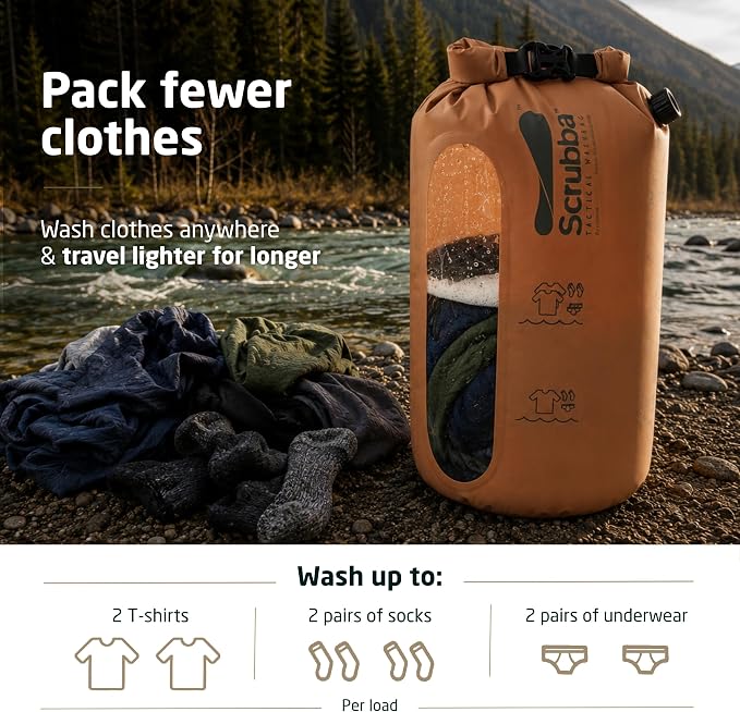 Scrubba Tactical Wash Bag - Patented Washboard-in-a-Bag™ Portable Travel Washing Machine for Military, Camping, Hunting & Overlanding - Wash Clothes Anywhere in Minutes (5.4 oz)
