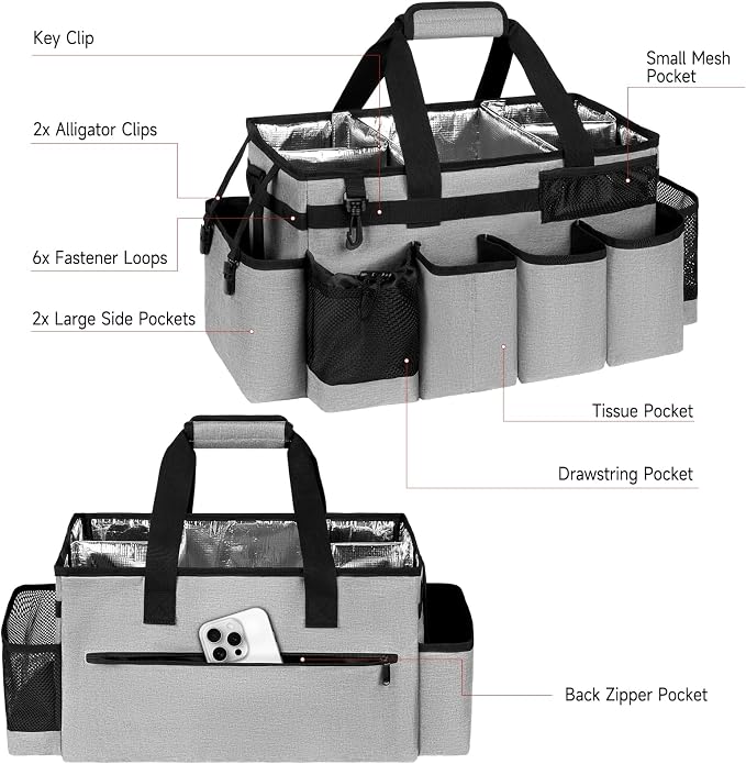 Cleaning Caddy Bag, Extra Large Cleaning Supplies Organizer for Housekeepers, Housekeeping Caddy with Handle and Detachable Padded Cushion, Gray