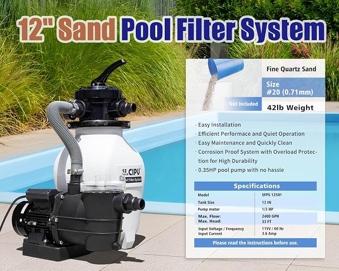 CIPU 12-inch Sand Filter Pump System Handy 4-Way Valve for Above Ground Swimming Pools with Prefilter Pool Pump 115V 6-Foot Cord to Easy Installation SFPS12501