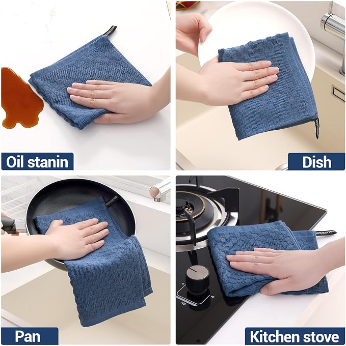 Homaxy 100% Cotton Terry Kitchen Dish Cloths, Ultra Soft Absorbent Dish Towels with Hanging Loop, Pineapple Grid Designed, 12 x 12 Inches, 12-Pack, Navy Blue