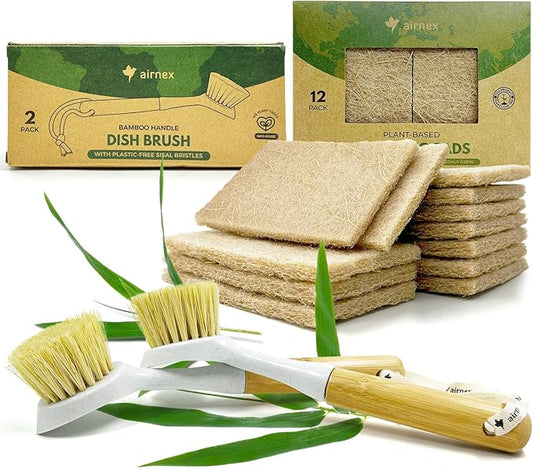 AIRNEX Bamboo Dish Brushes & Coconut Husk Scouring Pads – Eco-Friendly, Odor Free & Non-Scratch Cleaning for Dishes, Pots, Pans, and Sink – 2 Sisal Brushes & 12 Heavy-Duty Scrub Pads