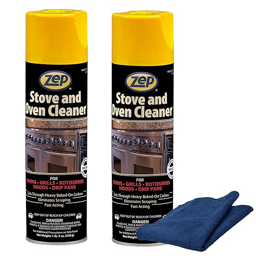 Zep Stove & Oven Cleaner 19 oz (2 Units) & a Blue Microfiber Rag ECBD030-2-Pack Heavy-Duty Baked-On Grease Remover for Oven Interiors, Stovetops, and Burners with a Reusable Rag
