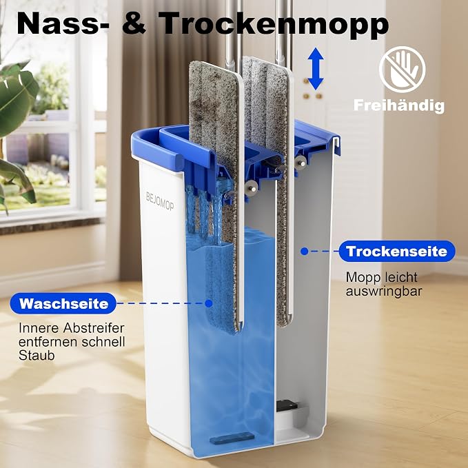 Mop and Bucket Set, 60" Long Handle Mops for Floor Cleaning, Squeeze Flat Mop and Bucket System, Dry & Wet Dust Mops for Household Floor Cleaning with 3 Microfiber Mops, Slate Blue